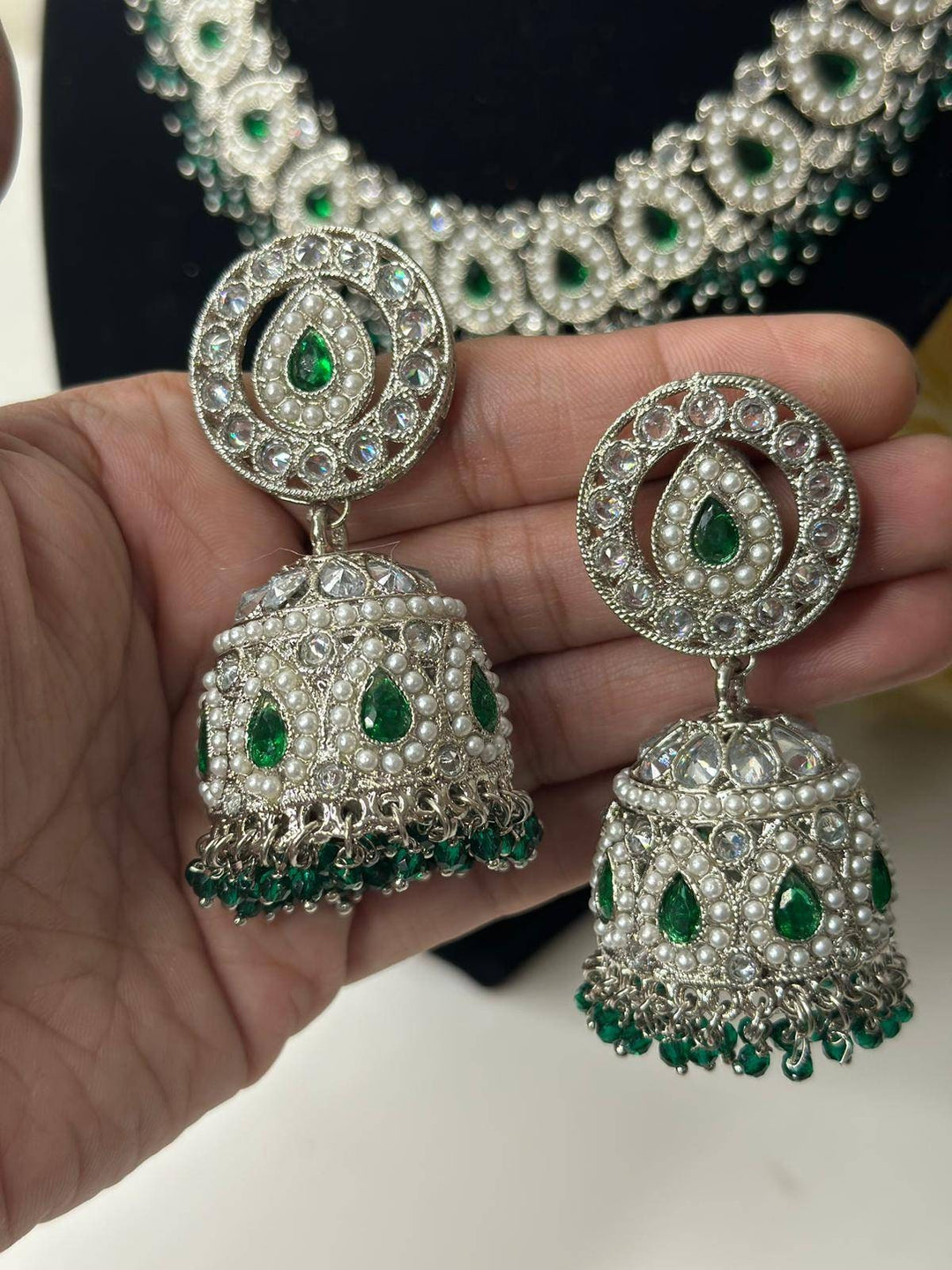 Izhaar flexible Polki Reverse AD Green Color Necklace with Earrings Tikka/Wedding Jewelry/Traditional Jewelry/Wedding/ReverseAD/Choker Set.