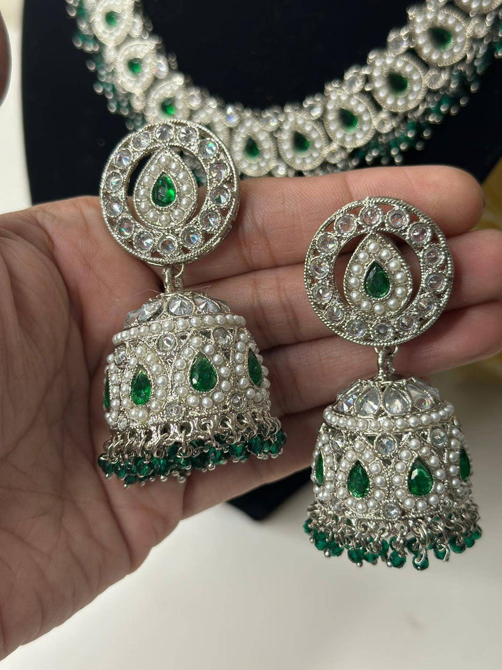 Izhaar flexible Polki Reverse AD Green Color Necklace with Earrings Tikka/Wedding Jewelry/Traditional Jewelry/Wedding/ReverseAD/Choker Set.