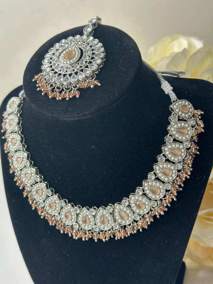 Izhaar flexible Polki Reverse AD Peach Color Necklace with Earrings Tikka/Wedding Jewelry/Traditional Jewelry/Wedding/ReverseAD/Choker Set.