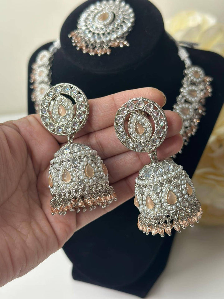 Izhaar flexible Polki Reverse AD Peach Color Necklace with Earrings Tikka/Wedding Jewelry/Traditional Jewelry/Wedding/ReverseAD/Choker Set.