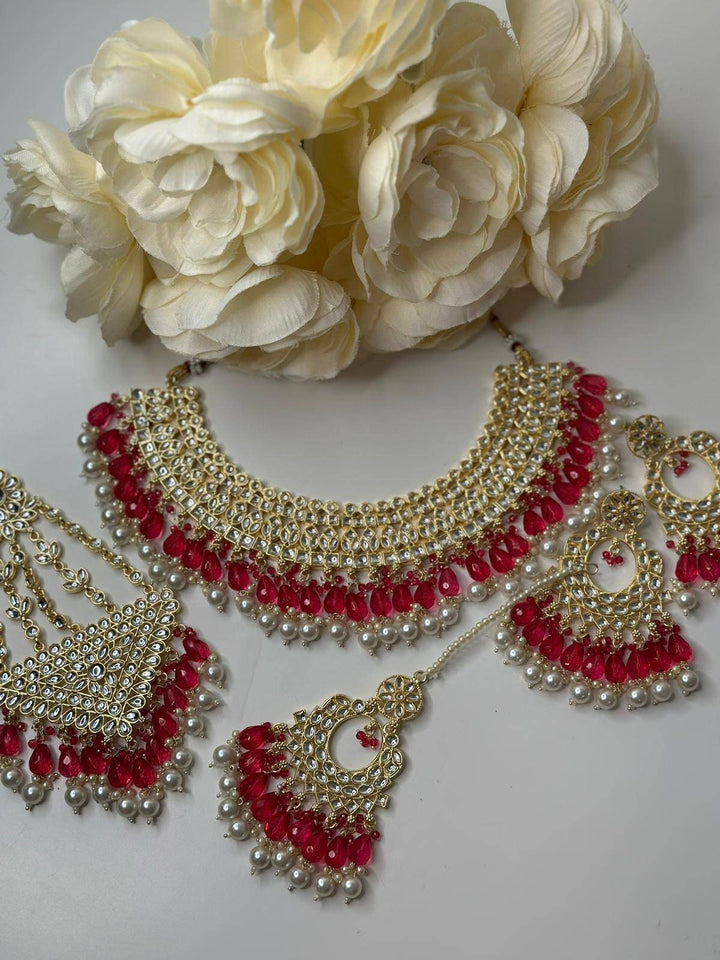 Izhaar Indian Red Color Polki Kundan Necklace with Passa And Earrings Tikka / Wedding Jewelry/ Traditional Jewelry/ Bollywood set.