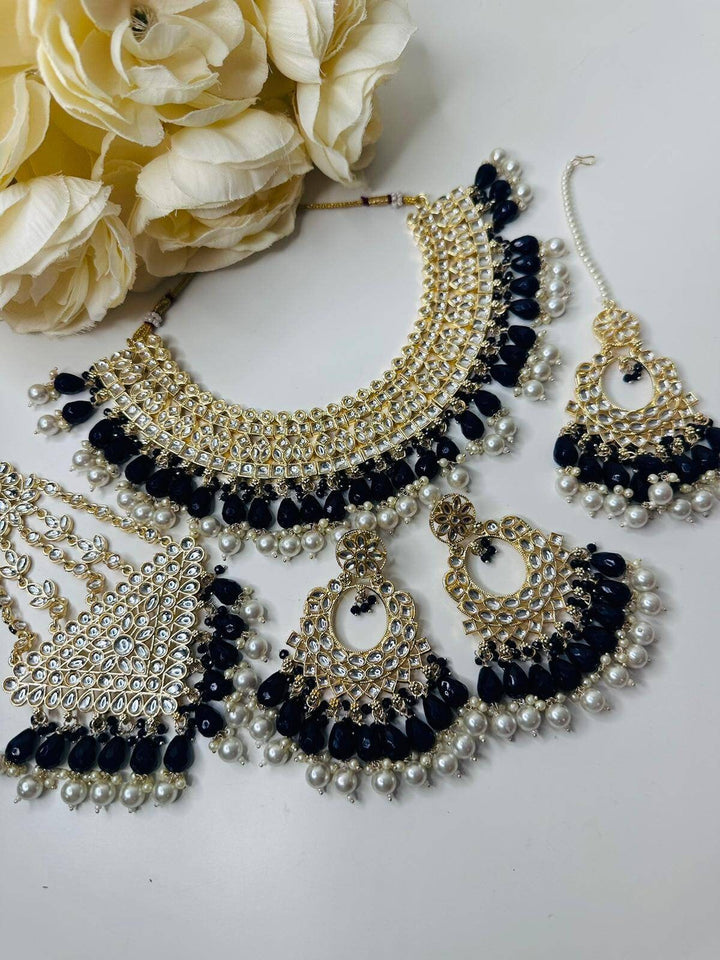 Izhaar Indian D. Blue Color Polki Kundan Necklace with Passa And Earrings Tikka / Wedding Jewelry/ Traditional Jewelry/ Bollywood set.