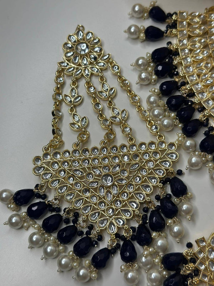 Izhaar Indian D. Blue Color Polki Kundan Necklace with Passa And Earrings Tikka / Wedding Jewelry/ Traditional Jewelry/ Bollywood set.
