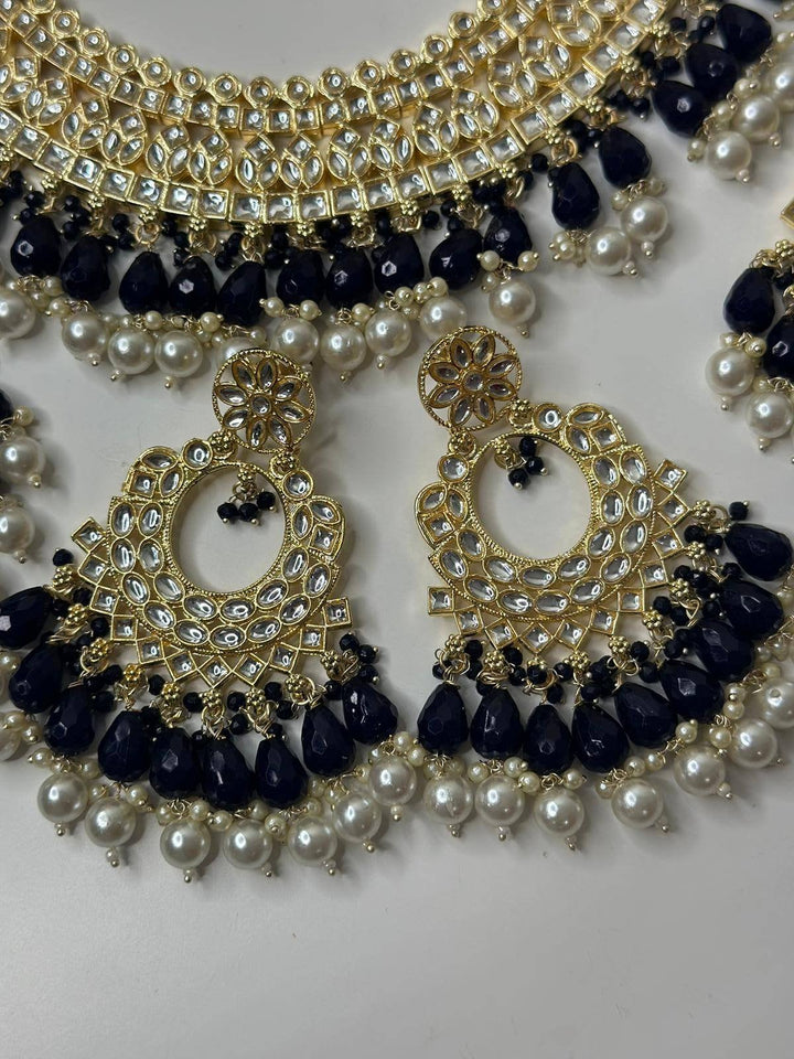 Izhaar Indian D. Blue Color Polki Kundan Necklace with Passa And Earrings Tikka / Wedding Jewelry/ Traditional Jewelry/ Bollywood set.