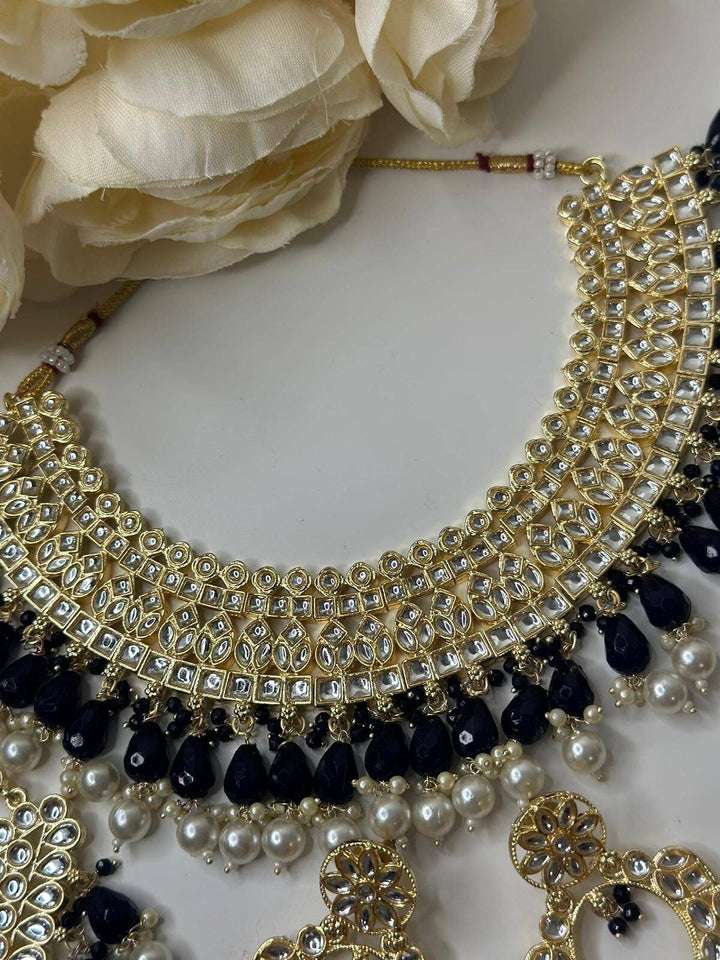 Izhaar Indian D. Blue Color Polki Kundan Necklace with Passa And Earrings Tikka / Wedding Jewelry/ Traditional Jewelry/ Bollywood set.