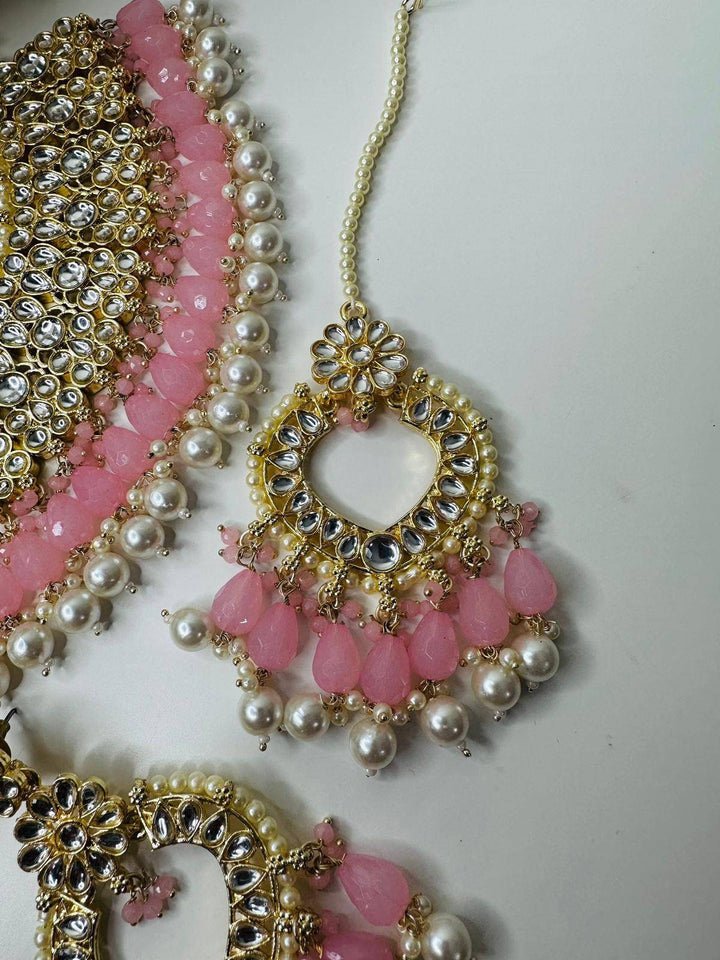Izhaar Indian L. Pink Color Polki Kundan Necklace with Passa And Earrings Tikka / Wedding Jewelry/ Traditional Jewelry/ Bollywood set.