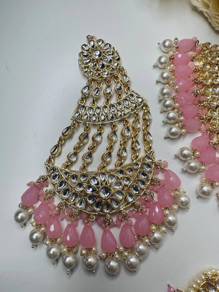 Izhaar Indian L. Pink Color Polki Kundan Necklace with Passa And Earrings Tikka / Wedding Jewelry/ Traditional Jewelry/ Bollywood set.