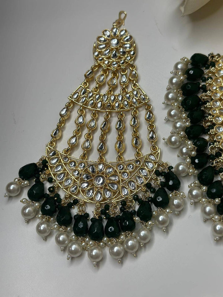 Izhaar Indian D. Green Color Polki Kundan Necklace with Passa And Earrings Tikka / Wedding Jewelry/ Traditional Jewelry/ Bollywood set.