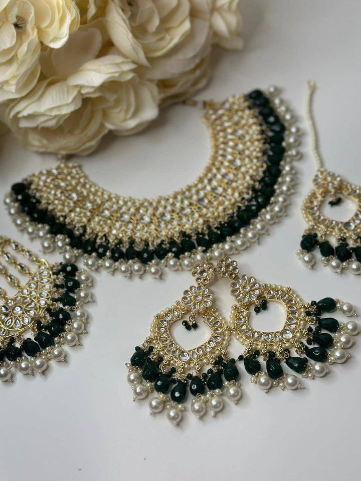 Izhaar Indian D. Green Color Polki Kundan Necklace with Passa And Earrings Tikka / Wedding Jewelry/ Traditional Jewelry/ Bollywood set.