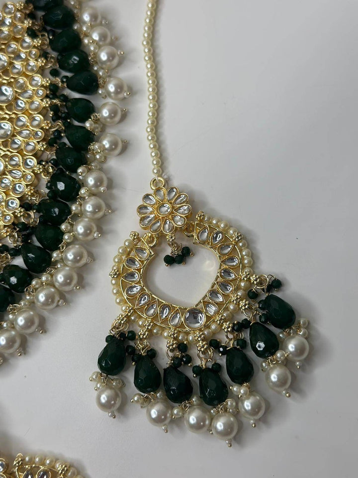 Izhaar Indian D. Green Color Polki Kundan Necklace with Passa And Earrings Tikka / Wedding Jewelry/ Traditional Jewelry/ Bollywood set.