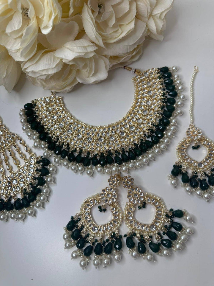 Izhaar Indian D. Green Color Polki Kundan Necklace with Passa And Earrings Tikka / Wedding Jewelry/ Traditional Jewelry/ Bollywood set.