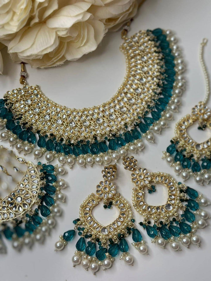 Izhaar Indian Radium Color Polki Kundan Necklace with Passa And Earrings Tikka / Wedding Jewelry/ Traditional Jewelry/ Bollywood set.