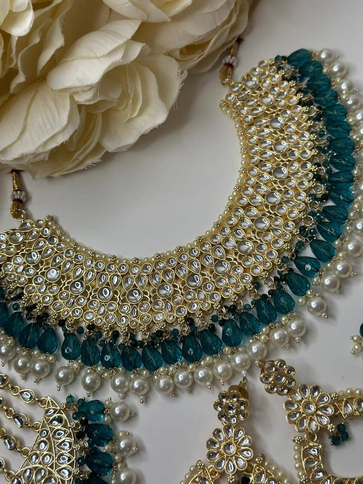 Izhaar Indian Radium Color Polki Kundan Necklace with Passa And Earrings Tikka / Wedding Jewelry/ Traditional Jewelry/ Bollywood set.