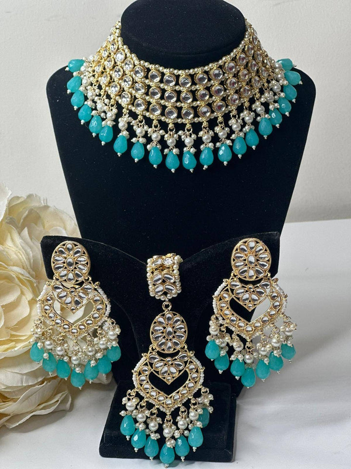 Izhaar Indian Blue Color Polki Kundan Necklace with Earrings Tikka /Wedding Jewelry/ Traditional Jewelry/Bollywood set/Indian Wedding Set.