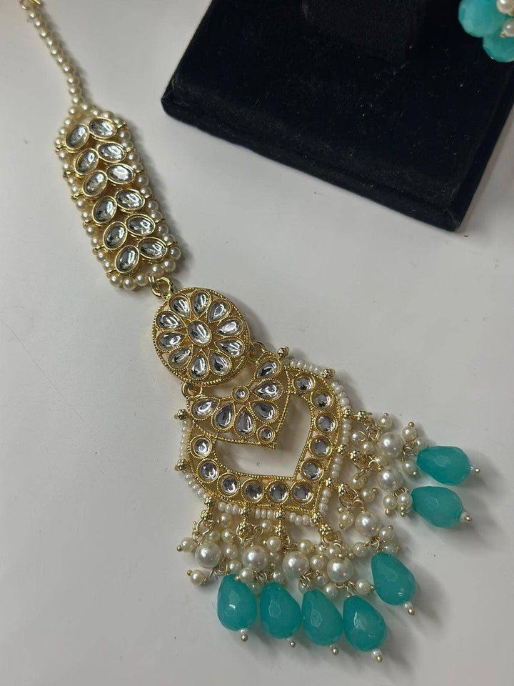 Izhaar Indian Blue Color Polki Kundan Necklace with Earrings Tikka /Wedding Jewelry/ Traditional Jewelry/Bollywood set/Indian Wedding Set.
