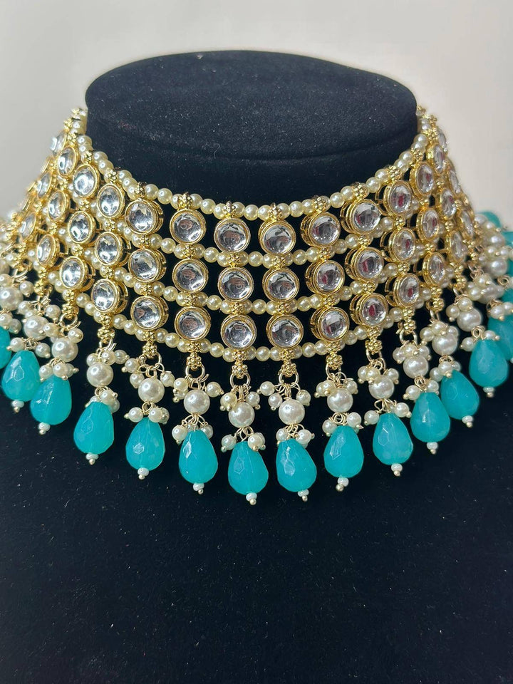 Izhaar Indian Blue Color Polki Kundan Necklace with Earrings Tikka /Wedding Jewelry/ Traditional Jewelry/Bollywood set/Indian Wedding Set.