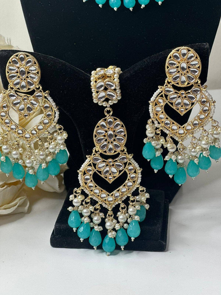 Izhaar Indian Blue Color Polki Kundan Necklace with Earrings Tikka /Wedding Jewelry/ Traditional Jewelry/Bollywood set/Indian Wedding Set.