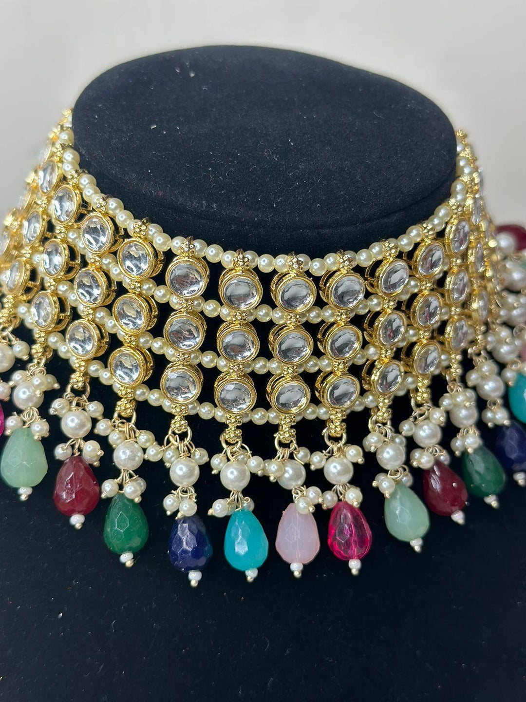 Izhaar Indian Multi Color Polki Kundan Necklace with Earrings Tikka /Wedding Jewelry/ Traditional Jewelry/Bollywood set/Indian Wedding Set.