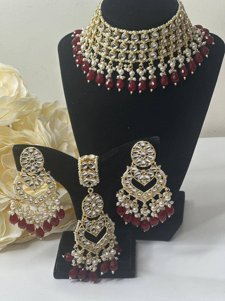 Izhaar Indian Mehroon Color Polki Kundan Necklace with Earrings Tikka /WeddingJewelry/ Traditional Jewelry/Bollywood set/Indian Wedding Set.
