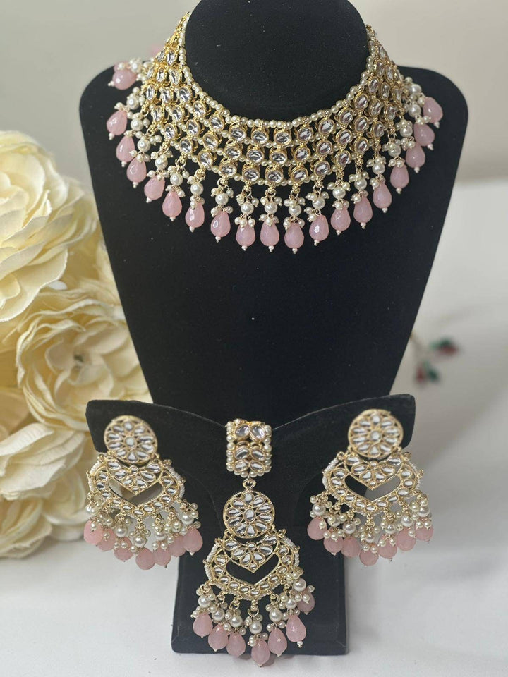 Izhaar Indian L. Pink Color Polki Kundan Necklace with Earrings Tikka /WeddingJewelry/ Traditional Jewelry/Bollywood set/Indian Wedding Set.