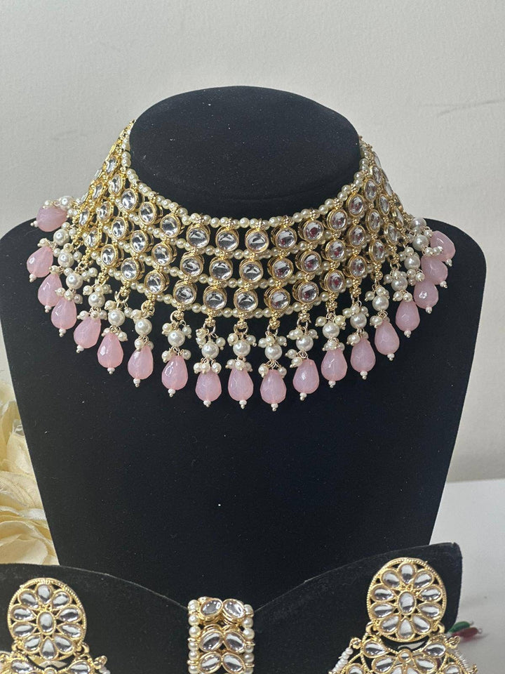 Izhaar Indian L. Pink Color Polki Kundan Necklace with Earrings Tikka /WeddingJewelry/ Traditional Jewelry/Bollywood set/Indian Wedding Set.