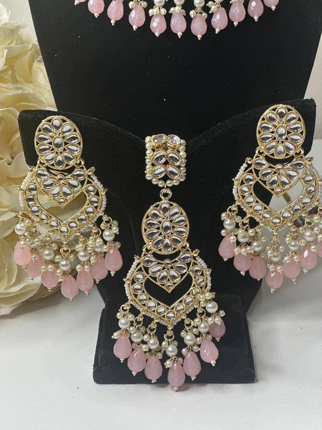 Izhaar Indian L. Pink Color Polki Kundan Necklace with Earrings Tikka /WeddingJewelry/ Traditional Jewelry/Bollywood set/Indian Wedding Set.