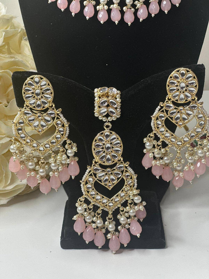 Izhaar Indian L. Pink Color Polki Kundan Necklace with Earrings Tikka /WeddingJewelry/ Traditional Jewelry/Bollywood set/Indian Wedding Set.