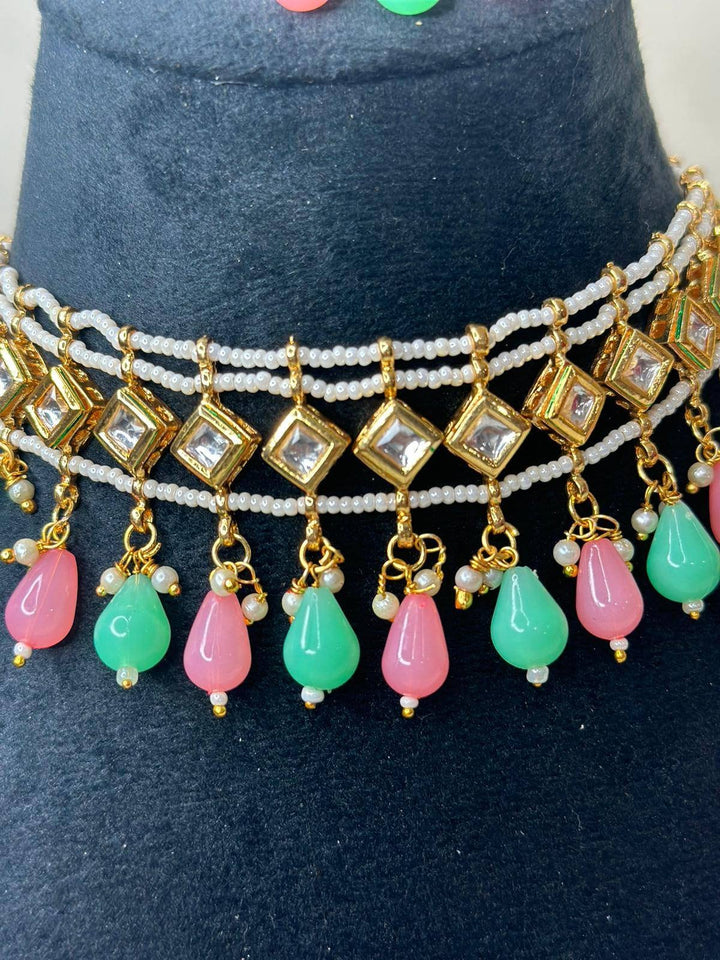 Izhaar Indian Multi Color Polki Kundan Necklace with Earrings Tikka /WeddingJewelry/ Traditional Jewelry/Bollywood set/Indian Wedding Set.