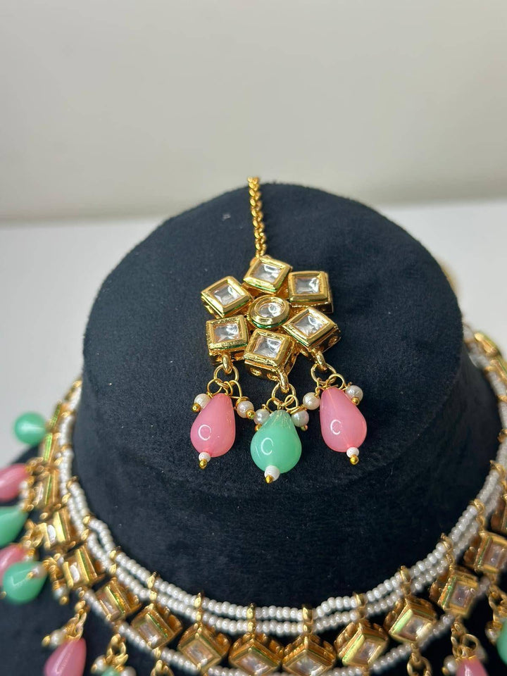 Izhaar Indian Multi Color Polki Kundan Necklace with Earrings Tikka /WeddingJewelry/ Traditional Jewelry/Bollywood set/Indian Wedding Set.