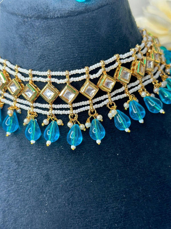 Izhaar Indian Firozi Color Polki Kundan Necklace with Earrings Tikka /WeddingJewelry/ Traditional Jewelry/Bollywood set/Indian Wedding Set.