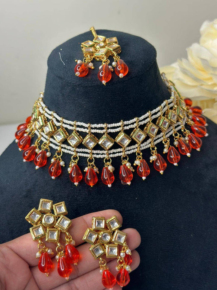 Izhaar Indian Orange Color Polki Kundan Necklace with Earrings Tikka /WeddingJewelry/ Traditional Jewelry/Bollywood set/Indian Wedding Set.