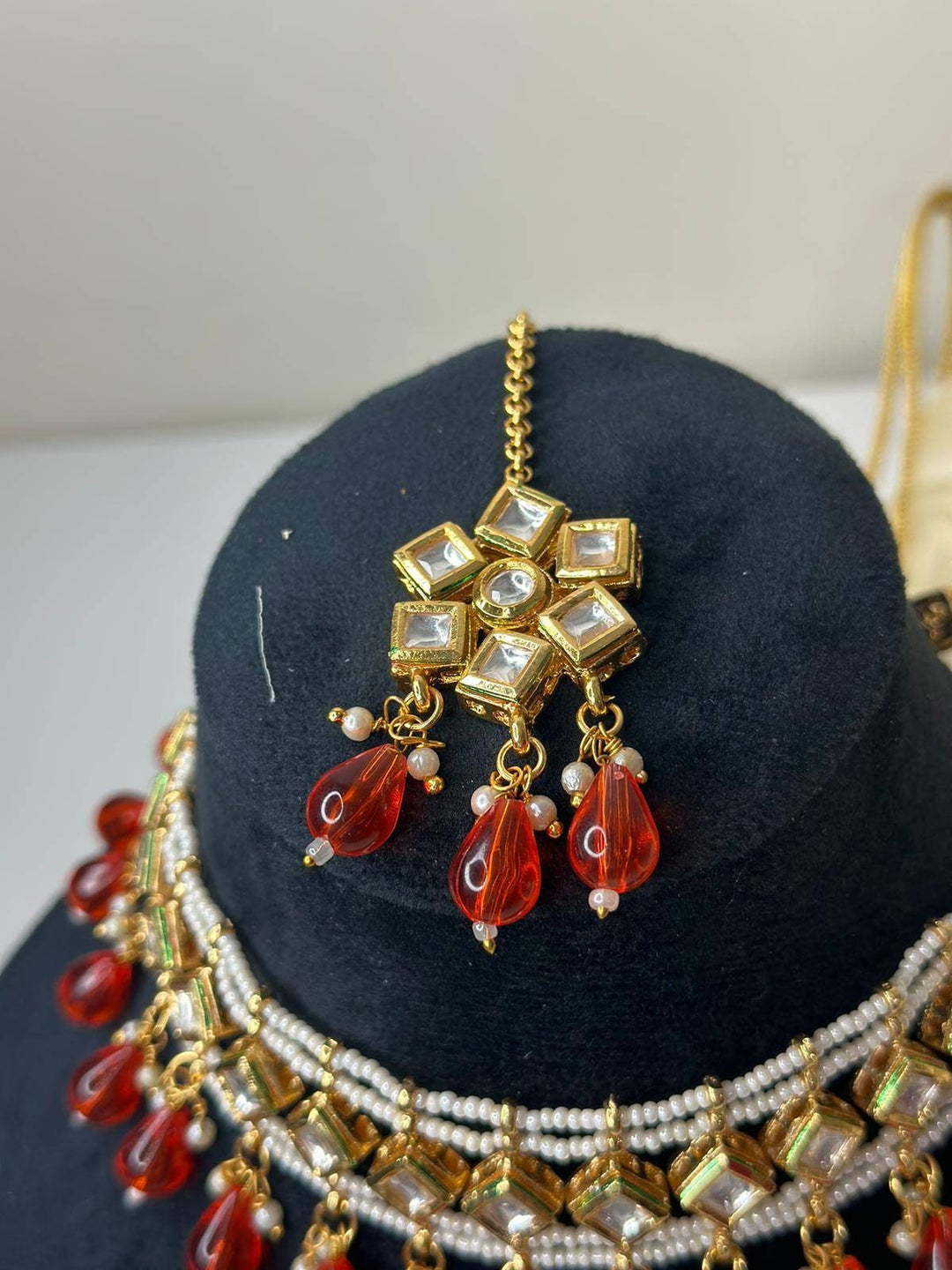 Izhaar Indian Orange Color Polki Kundan Necklace with Earrings Tikka /WeddingJewelry/ Traditional Jewelry/Bollywood set/Indian Wedding Set.