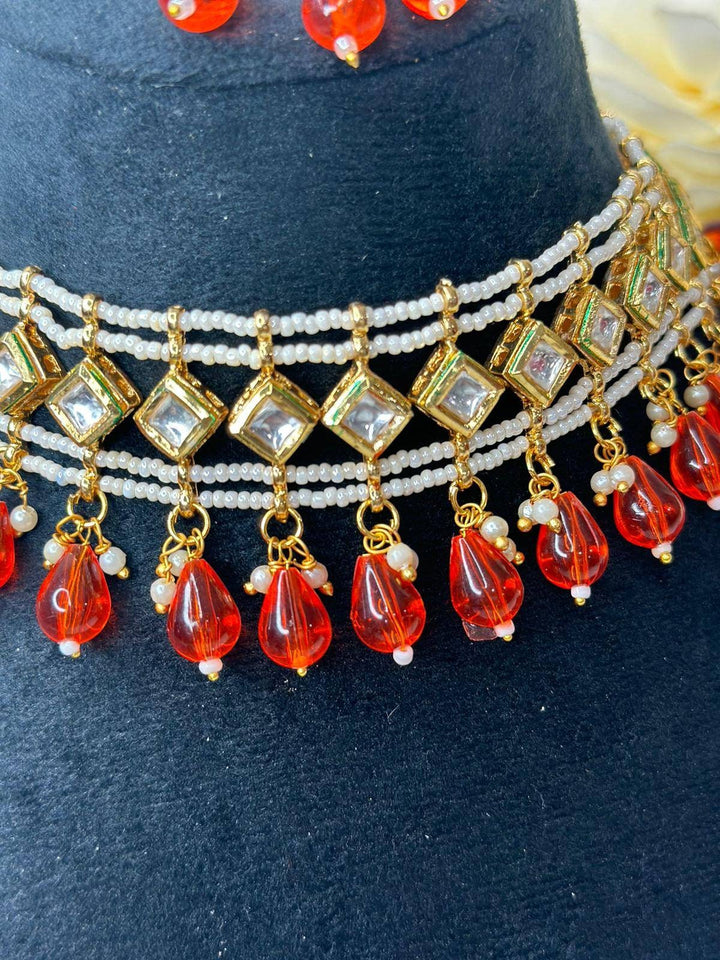 Izhaar Indian Orange Color Polki Kundan Necklace with Earrings Tikka /WeddingJewelry/ Traditional Jewelry/Bollywood set/Indian Wedding Set.