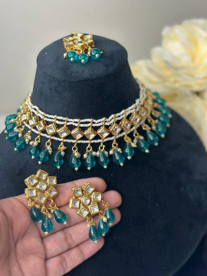 Izhaar Indian Radium Color Polki Kundan Necklace with Earrings Tikka /WeddingJewelry/ Traditional Jewelry/Bollywood set/Indian Wedding Set.