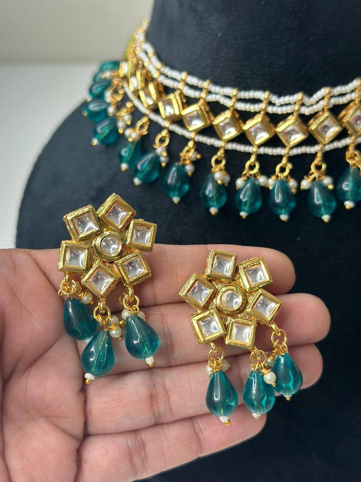 Izhaar Indian Radium Color Polki Kundan Necklace with Earrings Tikka /WeddingJewelry/ Traditional Jewelry/Bollywood set/Indian Wedding Set.