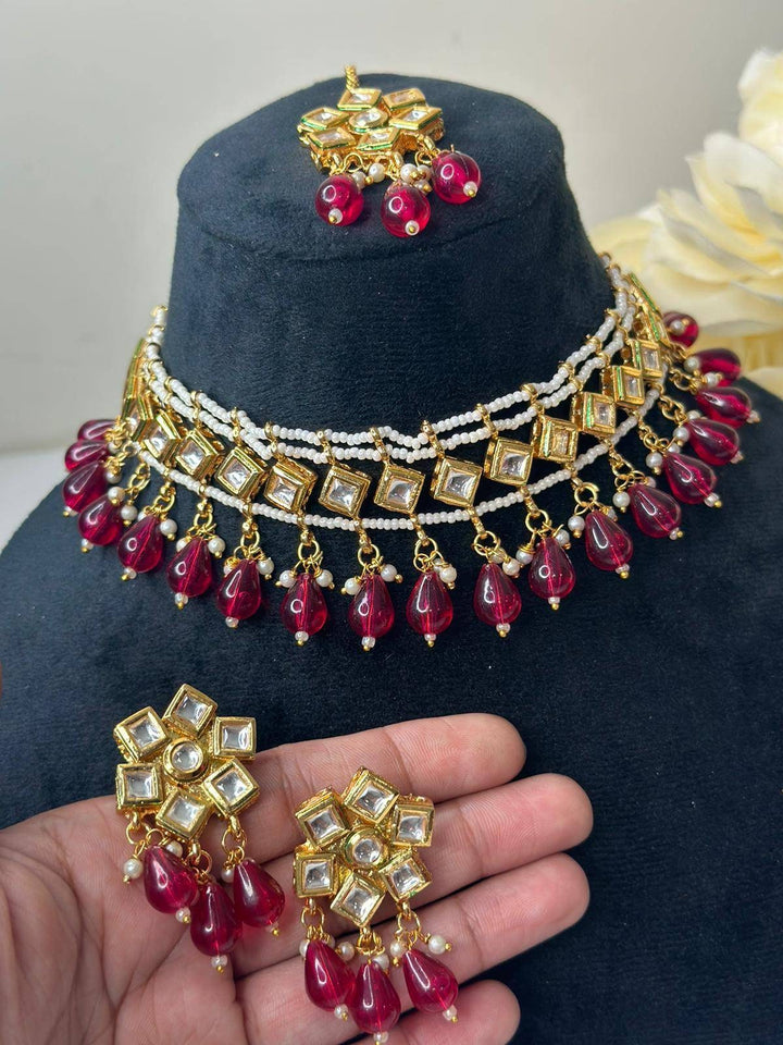 Izhaar Indian Pink Color Polki Kundan Necklace with Earrings Tikka /WeddingJewelry/ Traditional Jewelry/Bollywood set/Indian Wedding Set.
