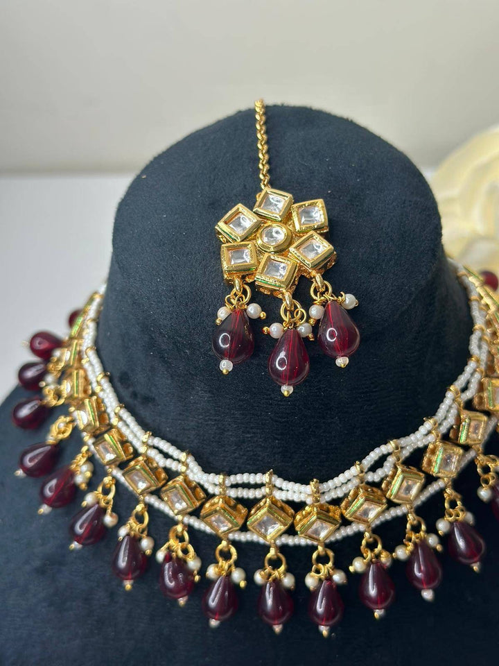 Izhaar Indian Mehroon Color Polki Kundan Necklace with Earrings Tikka /WeddingJewelry/ Traditional Jewelry/Bollywood set/Indian Wedding Set.