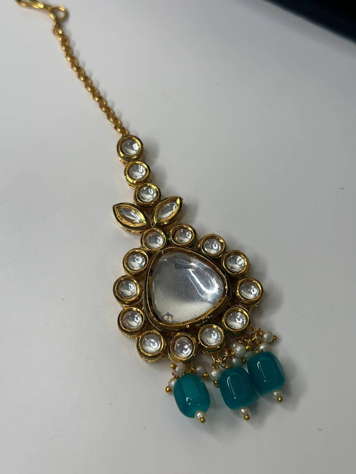 Izhaar Indian L. Blue Color Uncut Kundan Necklace with Earrings Tikka /WeddingJewelry/ Traditional Jewelry/Bollywood set/Indian Wedding Set.