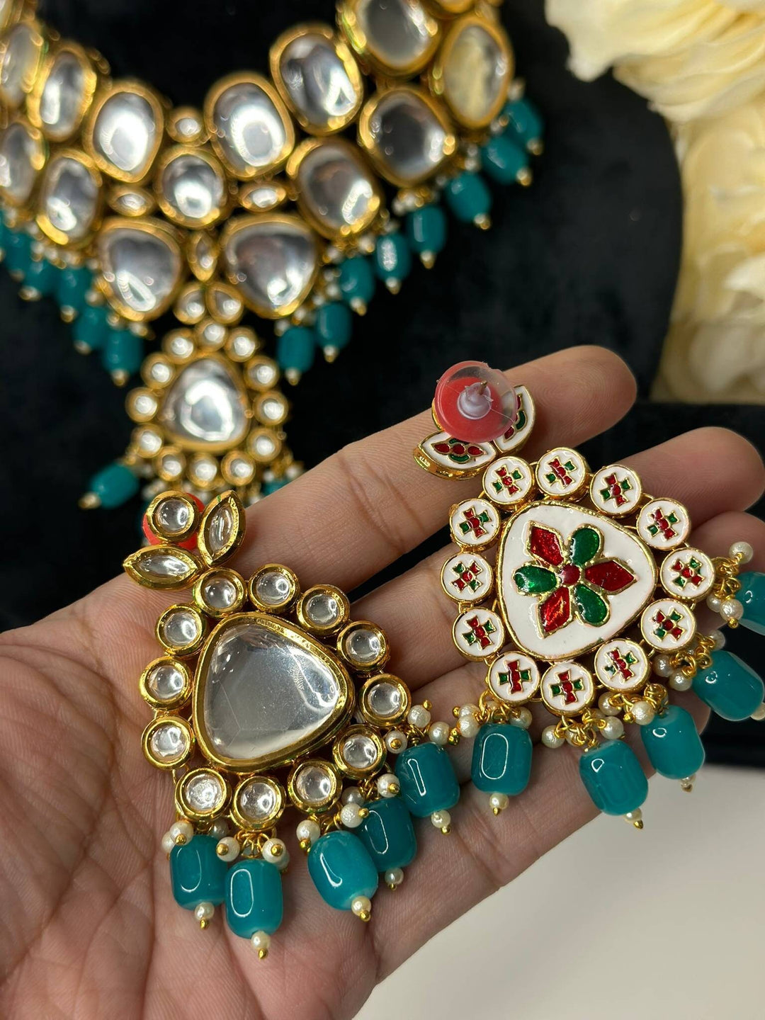 Izhaar Indian L. Blue Color Uncut Kundan Necklace with Earrings Tikka /WeddingJewelry/ Traditional Jewelry/Bollywood set/Indian Wedding Set.