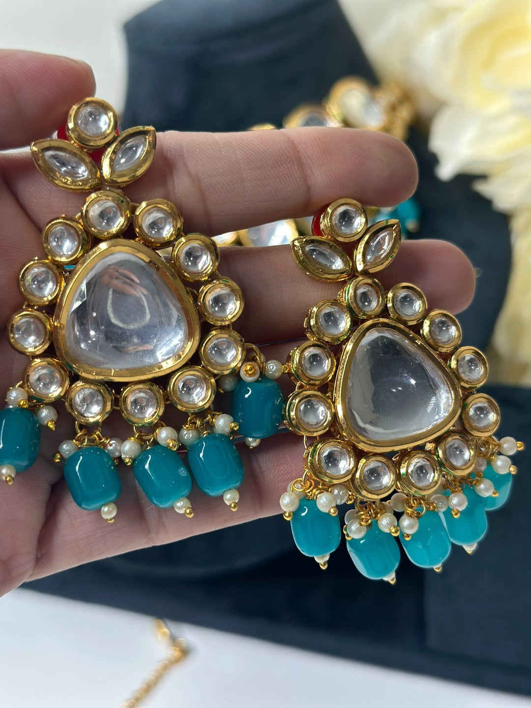 Izhaar Indian L. Blue Color Uncut Kundan Necklace with Earrings Tikka /WeddingJewelry/ Traditional Jewelry/Bollywood set/Indian Wedding Set.