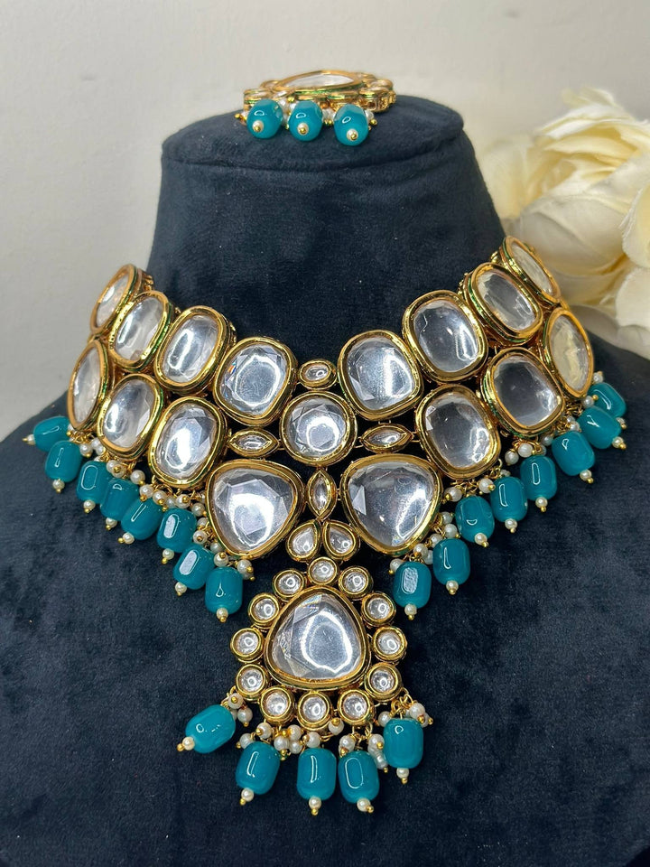 Izhaar Indian L. Blue Color Uncut Kundan Necklace with Earrings Tikka /WeddingJewelry/ Traditional Jewelry/Bollywood set/Indian Wedding Set.