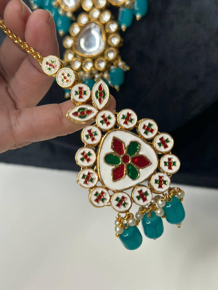 Izhaar Indian L. Blue Color Uncut Kundan Necklace with Earrings Tikka /WeddingJewelry/ Traditional Jewelry/Bollywood set/Indian Wedding Set.