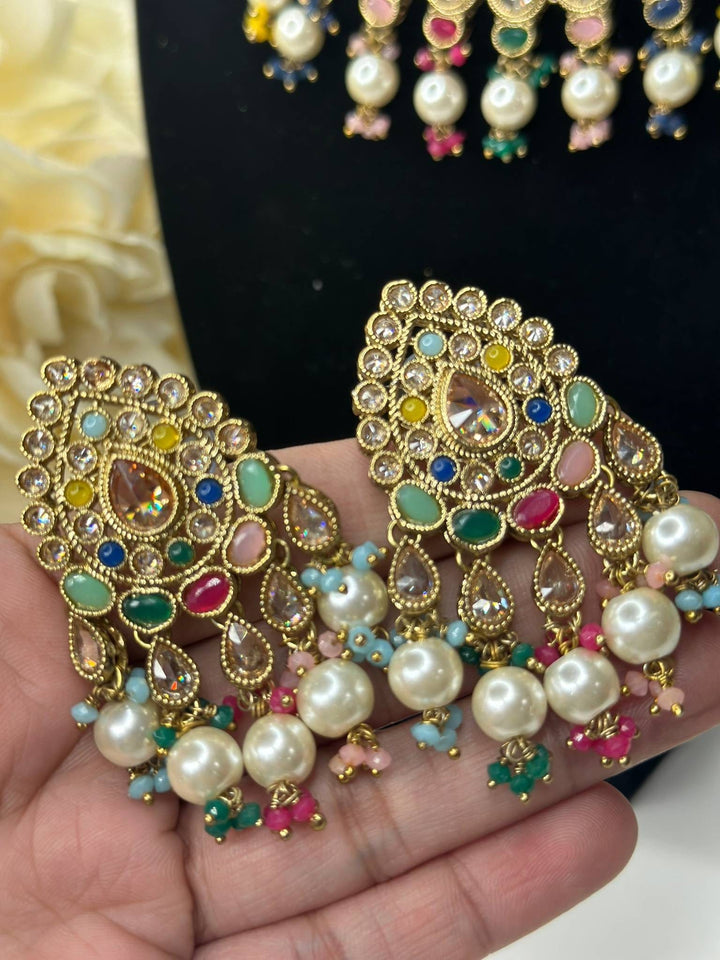 Izhaar Indian Multi Color Polki Reverse AD Necklace with Earrings Tikka/ Wedding Jewelry/ Traditional Jewelry/Wedding/Reverse AD.