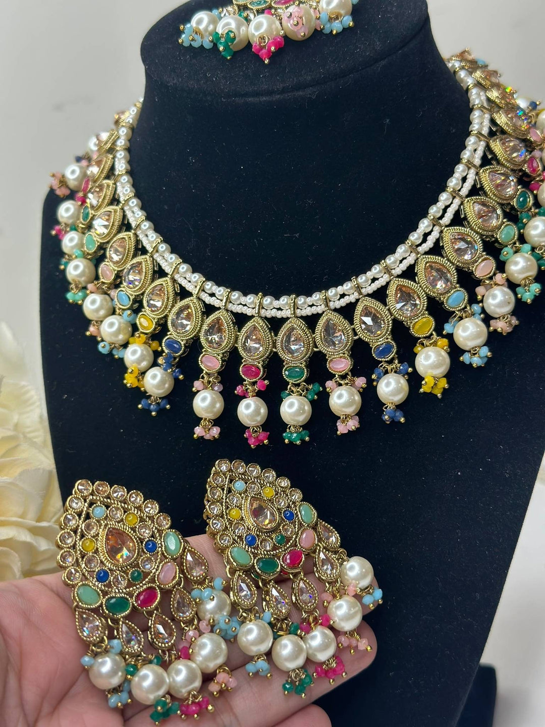 Izhaar Indian Multi Color Polki Reverse AD Necklace with Earrings Tikka/ Wedding Jewelry/ Traditional Jewelry/Wedding/Reverse AD.