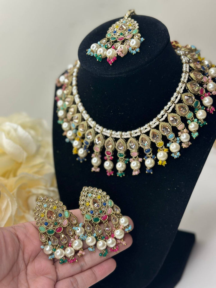 Izhaar Indian Multi Color Polki Reverse AD Necklace with Earrings Tikka/ Wedding Jewelry/ Traditional Jewelry/Wedding/Reverse AD.