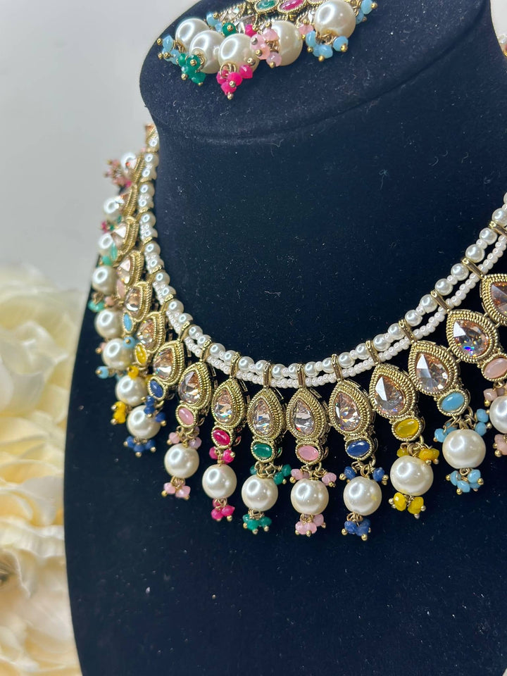 Izhaar Indian Multi Color Polki Reverse AD Necklace with Earrings Tikka/ Wedding Jewelry/ Traditional Jewelry/Wedding/Reverse AD.