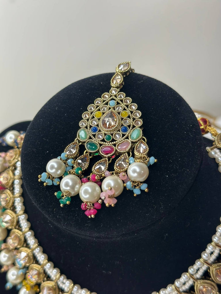 Izhaar Indian Multi Color Polki Reverse AD Necklace with Earrings Tikka/ Wedding Jewelry/ Traditional Jewelry/Wedding/Reverse AD.