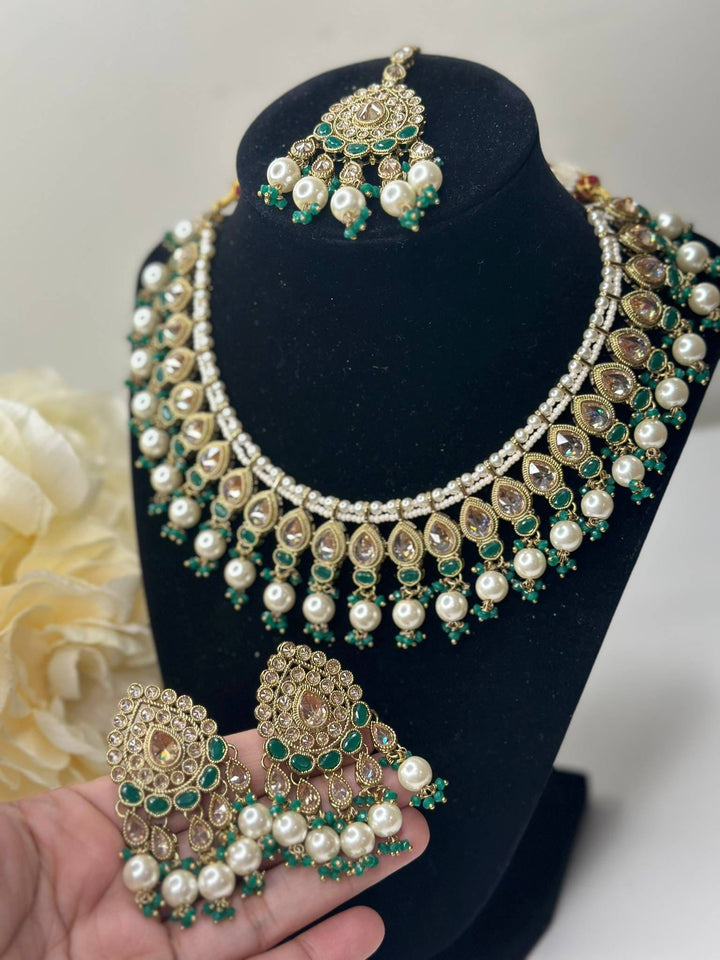 Izhaar Indian Green Color Polki Reverse AD Necklace with Earrings Tikka/ Wedding Jewelry/ Traditional Jewelry/Wedding/Reverse AD.