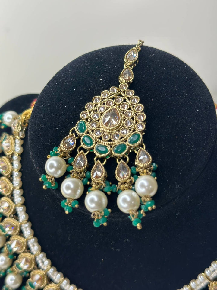 Izhaar Indian Green Color Polki Reverse AD Necklace with Earrings Tikka/ Wedding Jewelry/ Traditional Jewelry/Wedding/Reverse AD.