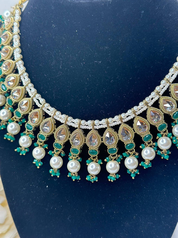 Izhaar Indian Green Color Polki Reverse AD Necklace with Earrings Tikka/ Wedding Jewelry/ Traditional Jewelry/Wedding/Reverse AD.